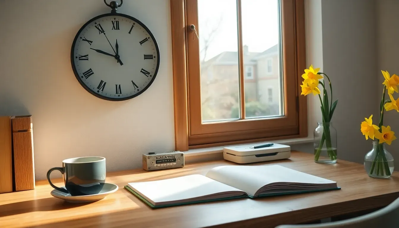 A tidy home office desk with a Roman numeral wall clock, a cup of tea, an open notebook and yellow daffodils in spring light, a reminder of the US tax deadline Americans abroad meet in April and June