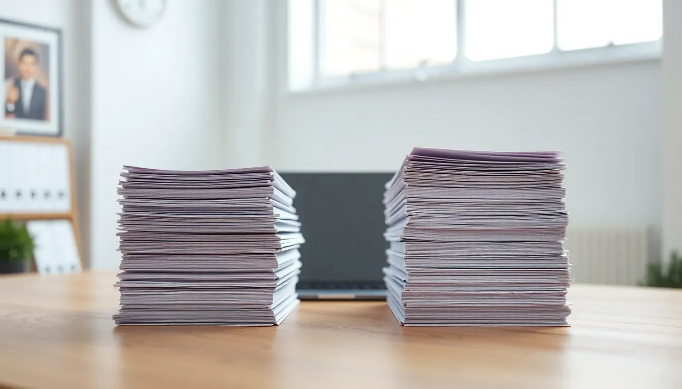 Two stacks of paper files on a light wooden desk in a bright office with a closed laptop between them, showing how US UK accountants keep two returns from one file