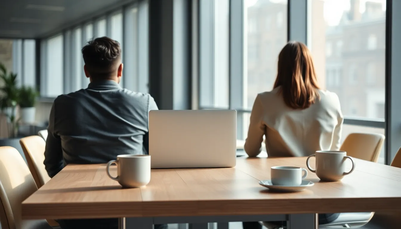 Two people seen from behind at a light wooden meeting table with a laptop and coffee mugs in a bright London office, a first meeting with a US UK cross border tax accountant