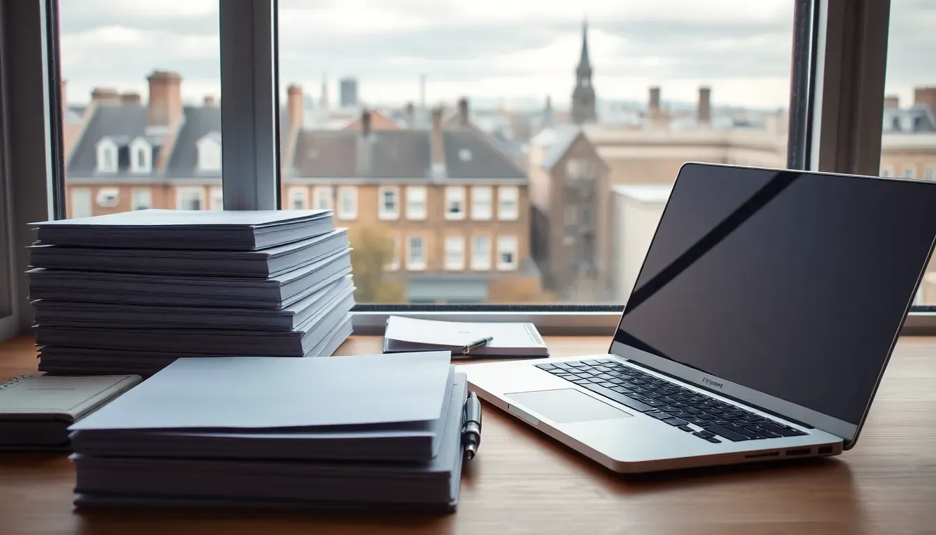 Neat stacks of plain folders and a laptop on a desk by a window over London rooftops, organised for a year of US UK cross border tax compliance