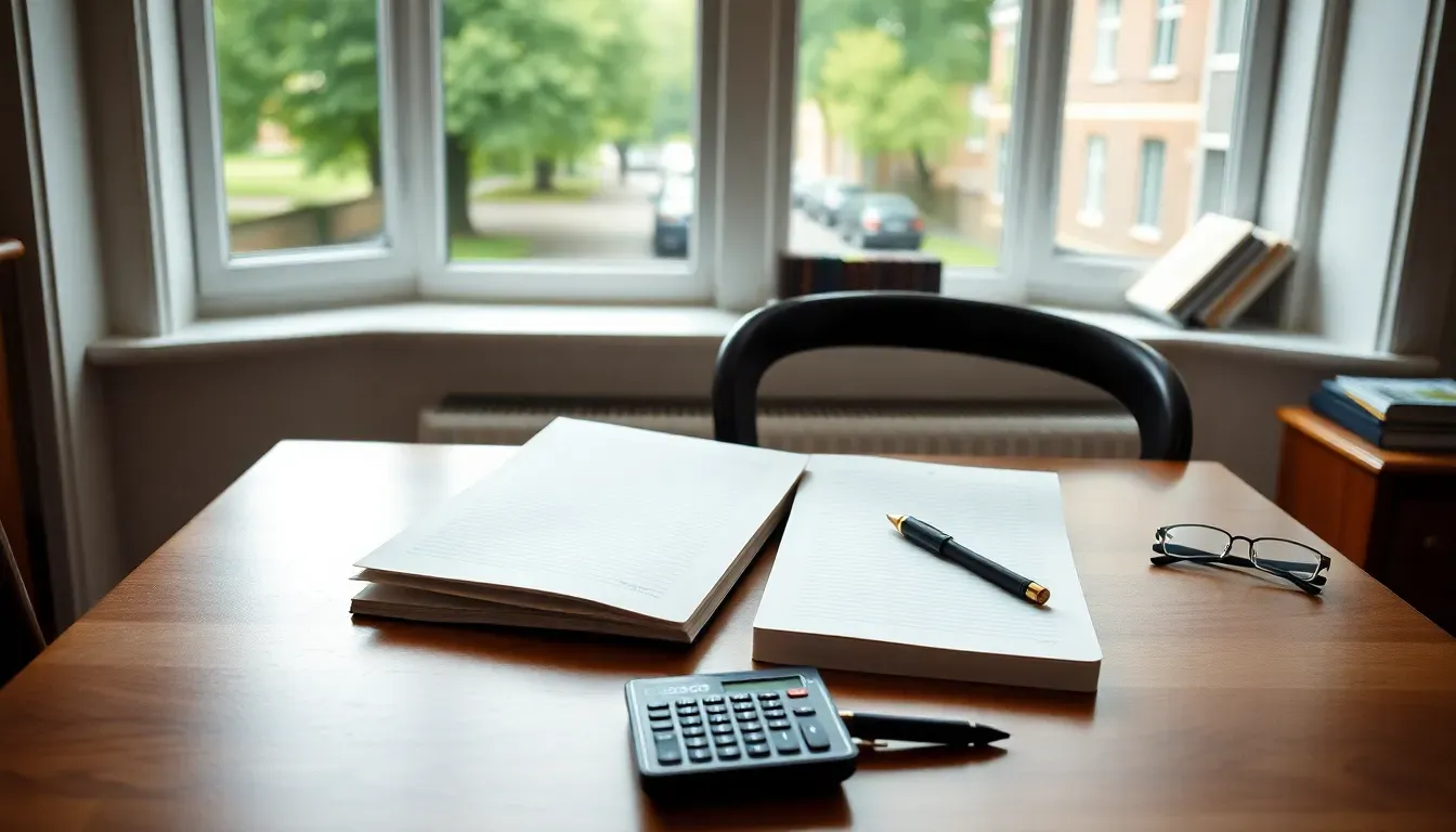 Two closed notebooks, a calculator, reading glasses and a pen on a study desk by a bay window, set out for US UK double taxation help across two returns
