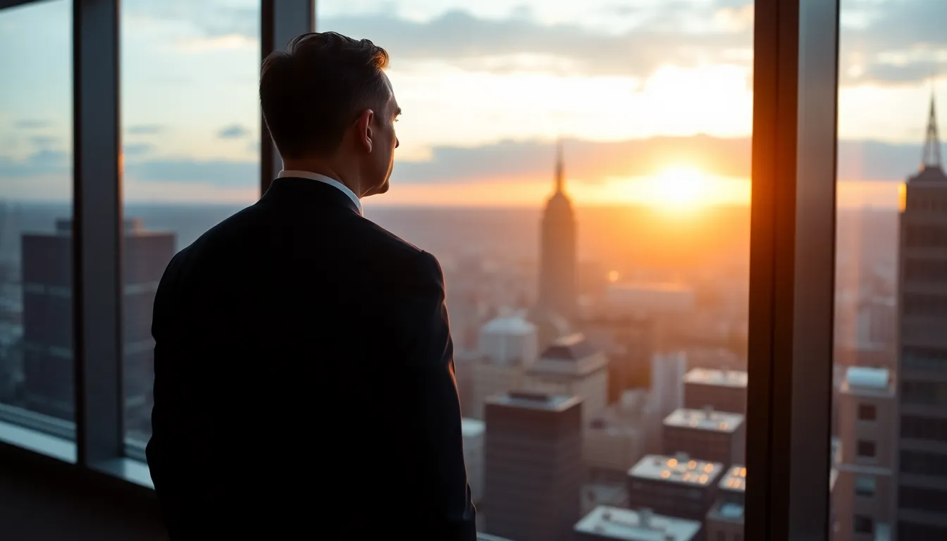 Executive in a navy suit seen from behind at a high office window over a city skyline at sunrise, the client a US UK tax accountant for executives works for