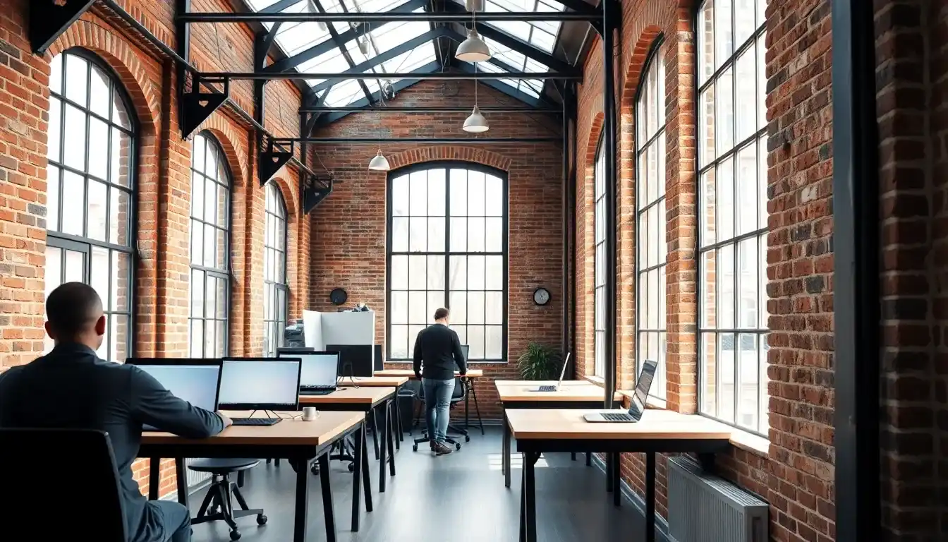 A converted London warehouse office with brick walls, tall steel windows and founders working at desks, the setting where a US UK tax accountant for founders begins
