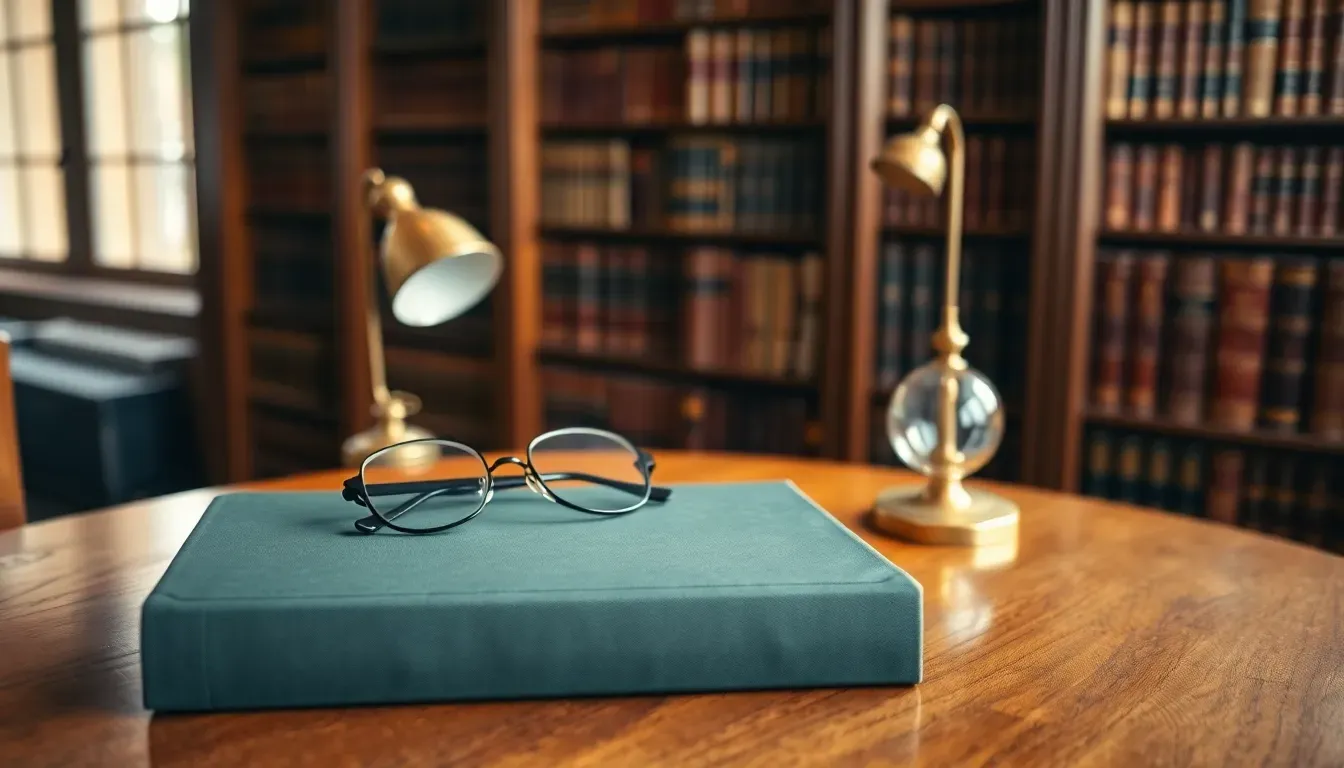A closed hardback book in plain dark green cloth with reading glasses on top, on a polished round wooden table under brass lamps and shelves of leather-bound books, ready for reading the US UK tax treaty