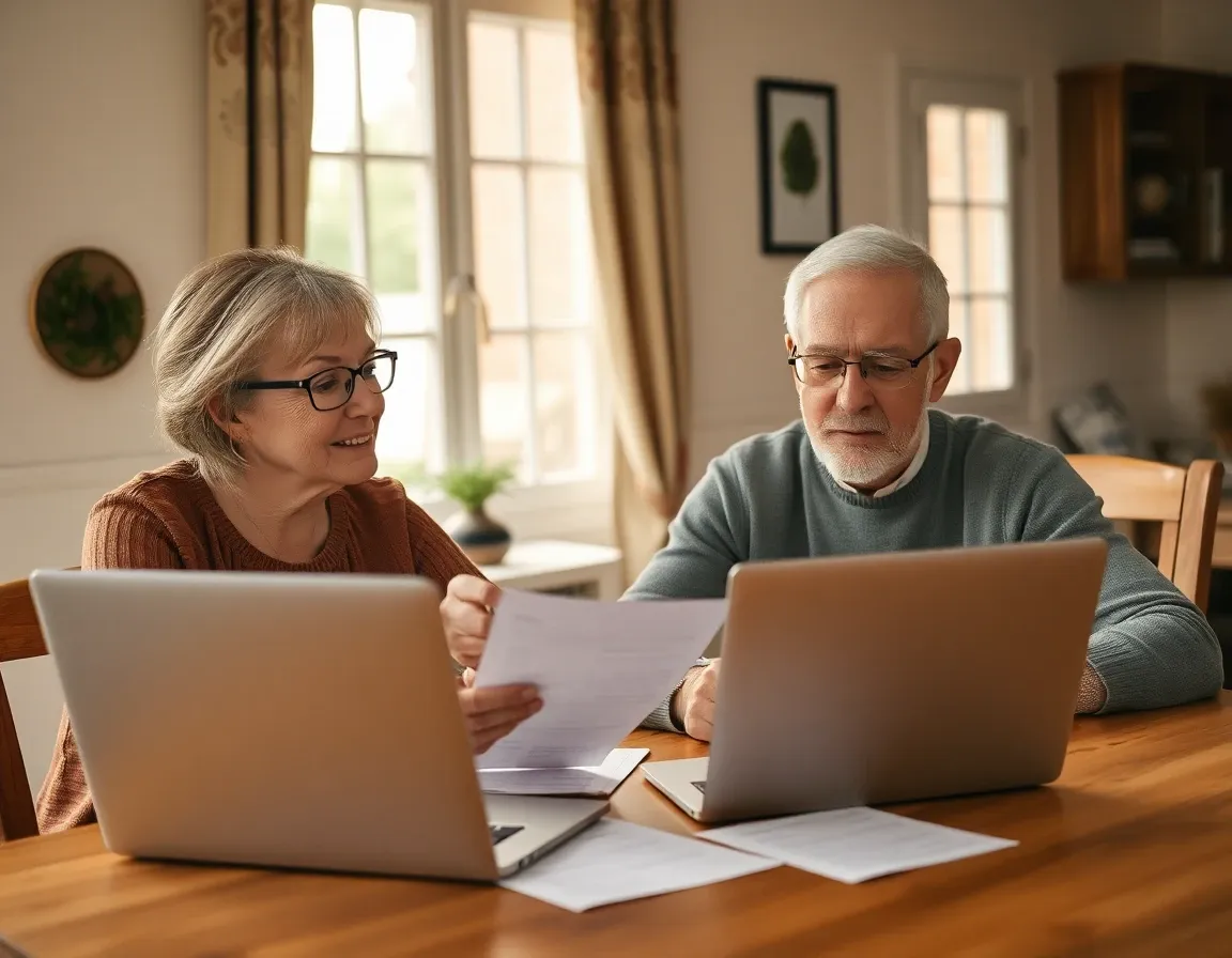 A married couple reviewing household finance paperwork at a dining table before reporting their joint account on an FBAR