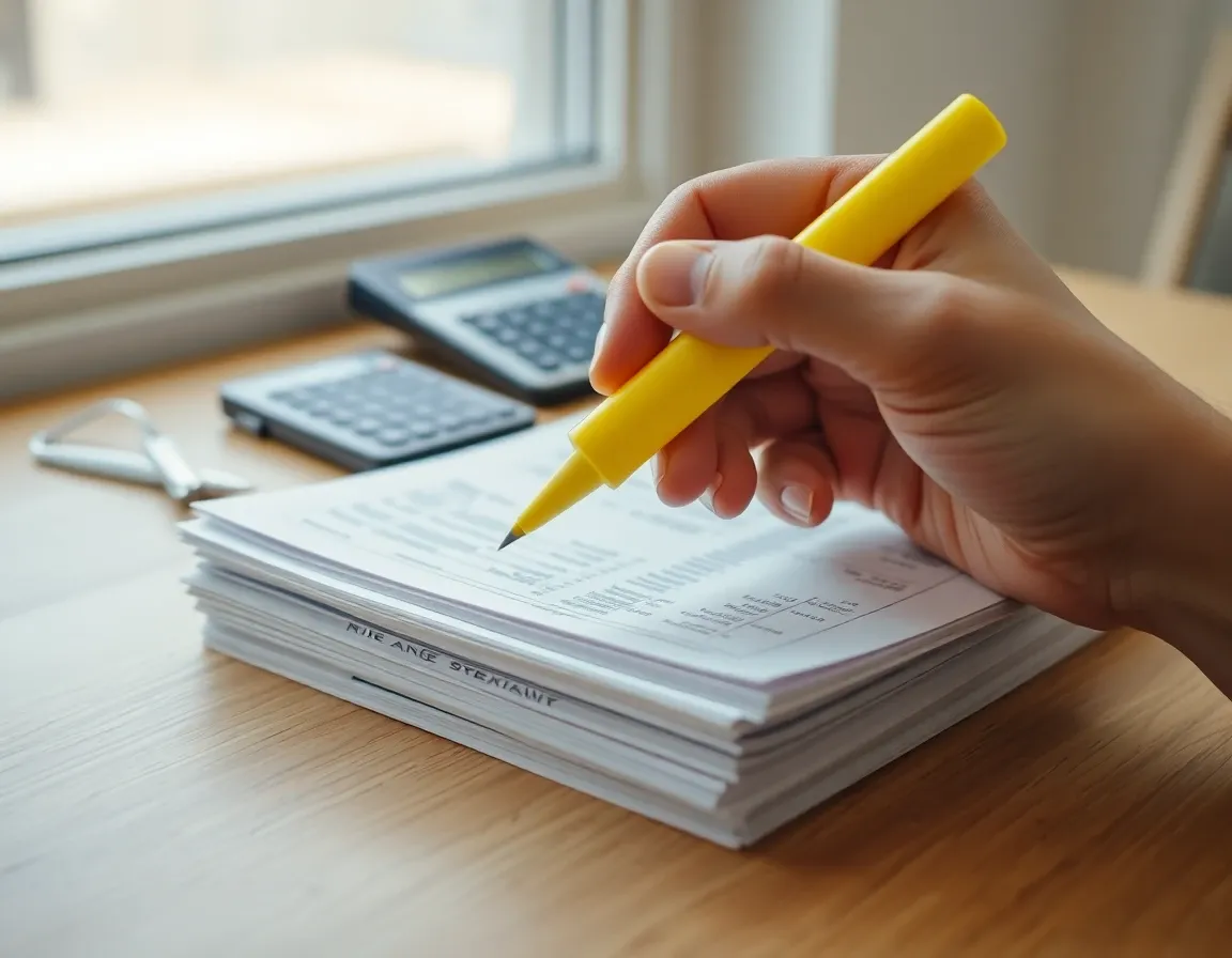 Bank statements, a calculator and a highlighter on a desk, used to find the maximum balance for an FBAR