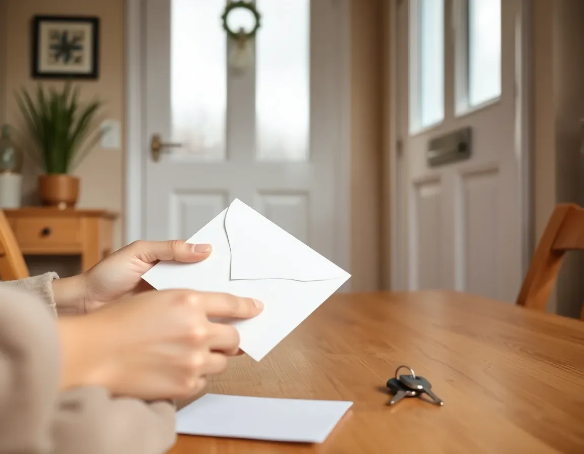 Hands opening a FATCA letter from a UK bank at a hallway table in a British home