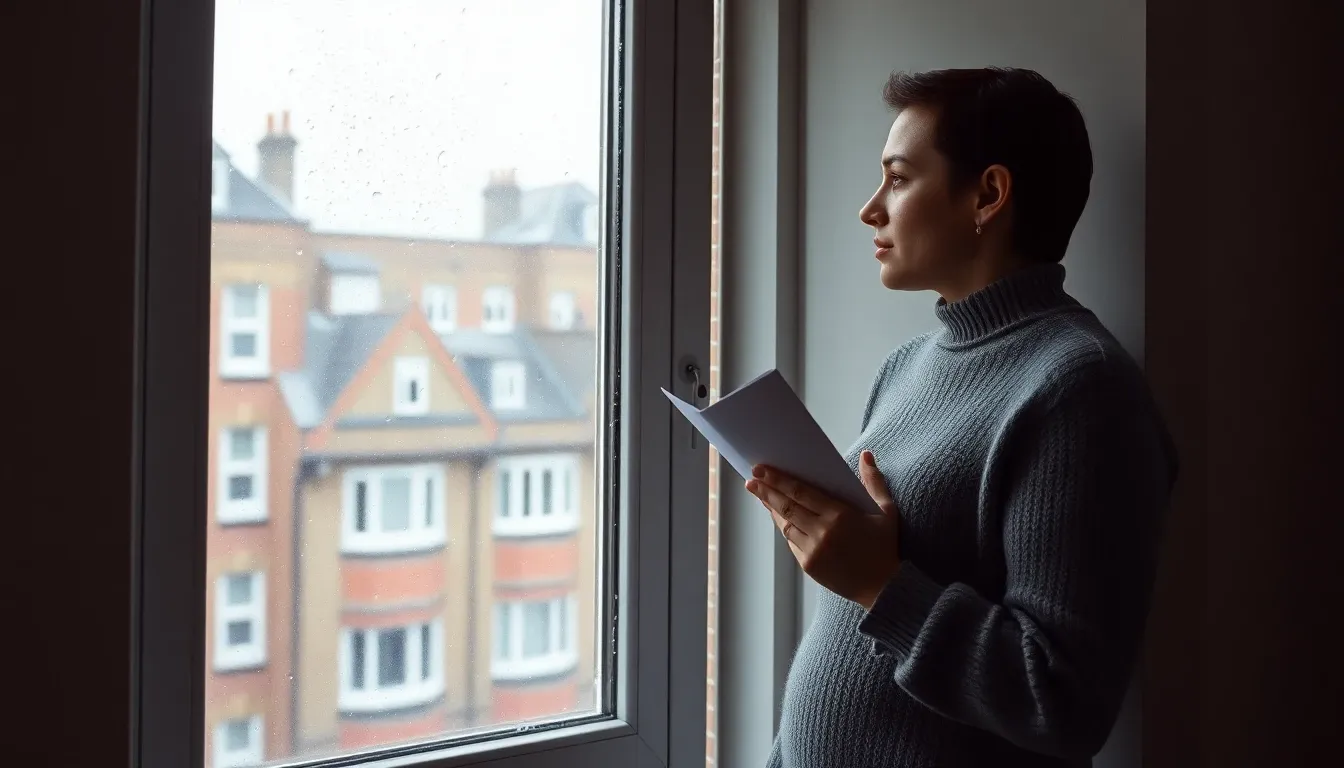 Person at a rain-streaked London flat window holding a letter about unfiled US tax returns