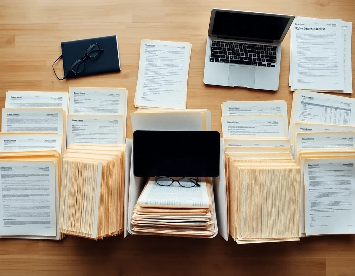 Several years of tax folders and UK bank statements laid out on a desk beside a laptop for a US tax catch-up