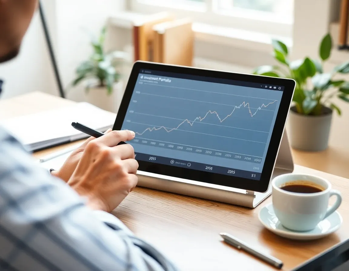 A person reviewing an investment portfolio chart on a tablet at a desk, checking UK funds for PFIC status