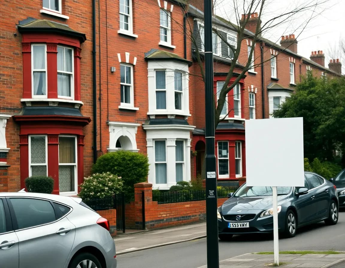 Victorian terraced houses on a London street with an estate agent's board outside, a US person selling UK property