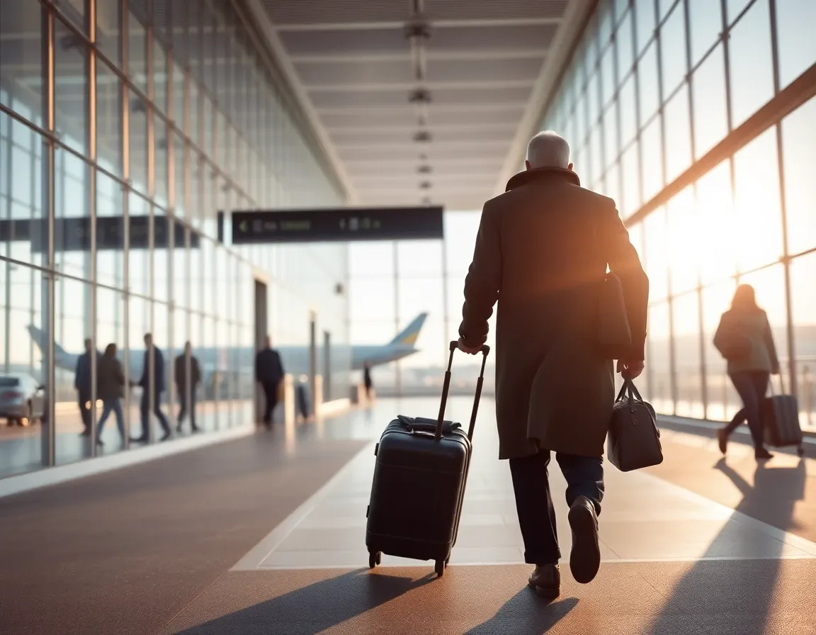 A traveller with a suitcase walking through a bright airport terminal on a transatlantic move between the UK and US