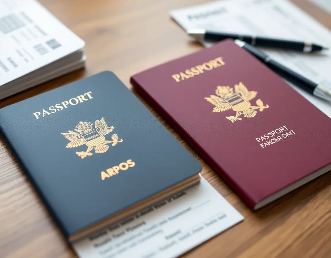 A dark blue US passport and a burgundy UK passport on a desk beside tax documents and a pen