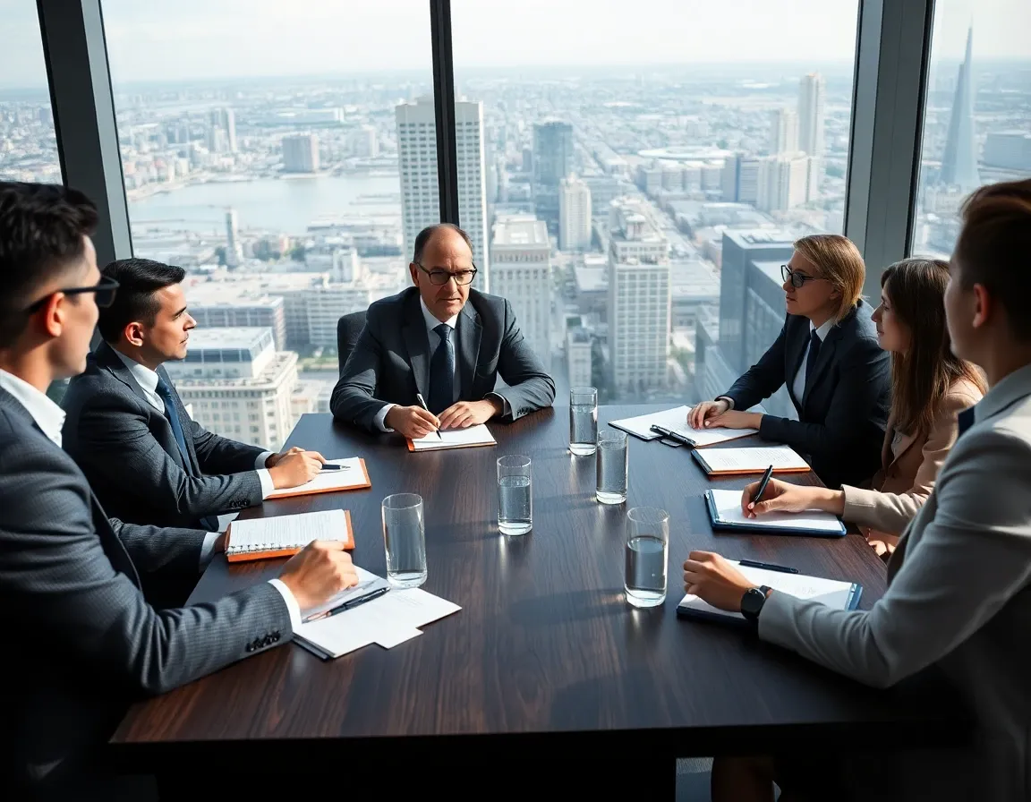 Executives in discussion around a boardroom table in a glass-walled office, where cross-border equity compensation is decided