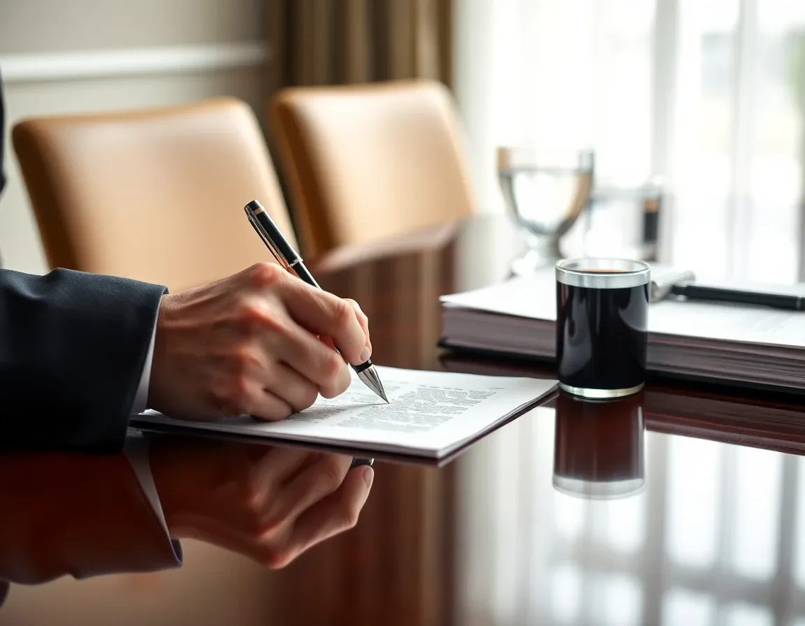 A hand signing company sale documents with a fountain pen on a meeting table, a taxable event in both the US and UK