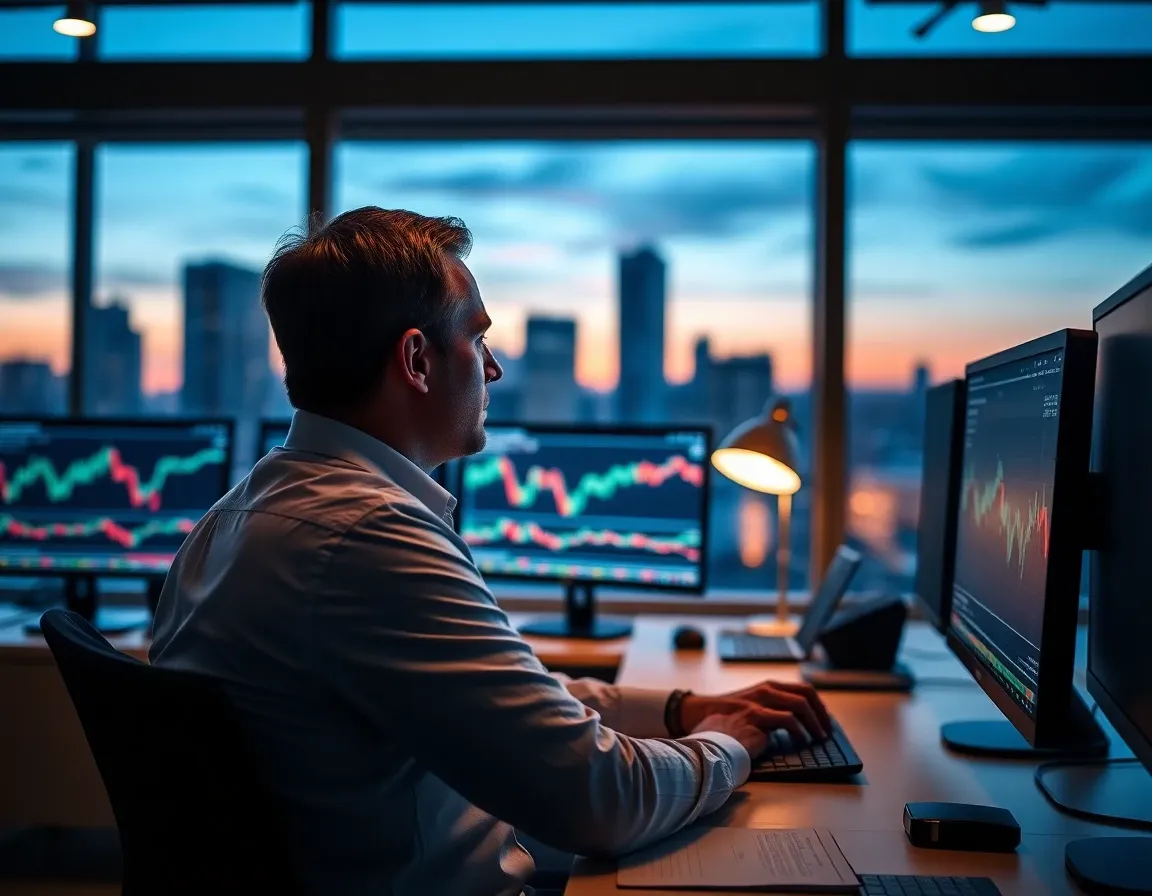 A fund manager at a desk with several monitors showing market charts, whose carried interest is taxed in both the US and UK