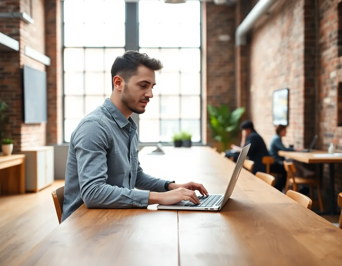 A startup founder working at a laptop in a brick-walled London shared office, running a UK company as a US person