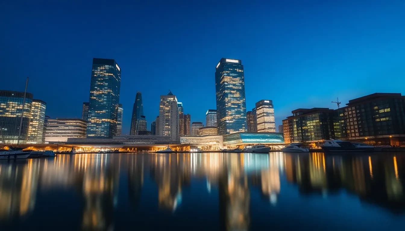 Canary Wharf office towers at dusk reflected in dock water, home to many US-UK founders, fund managers and executives