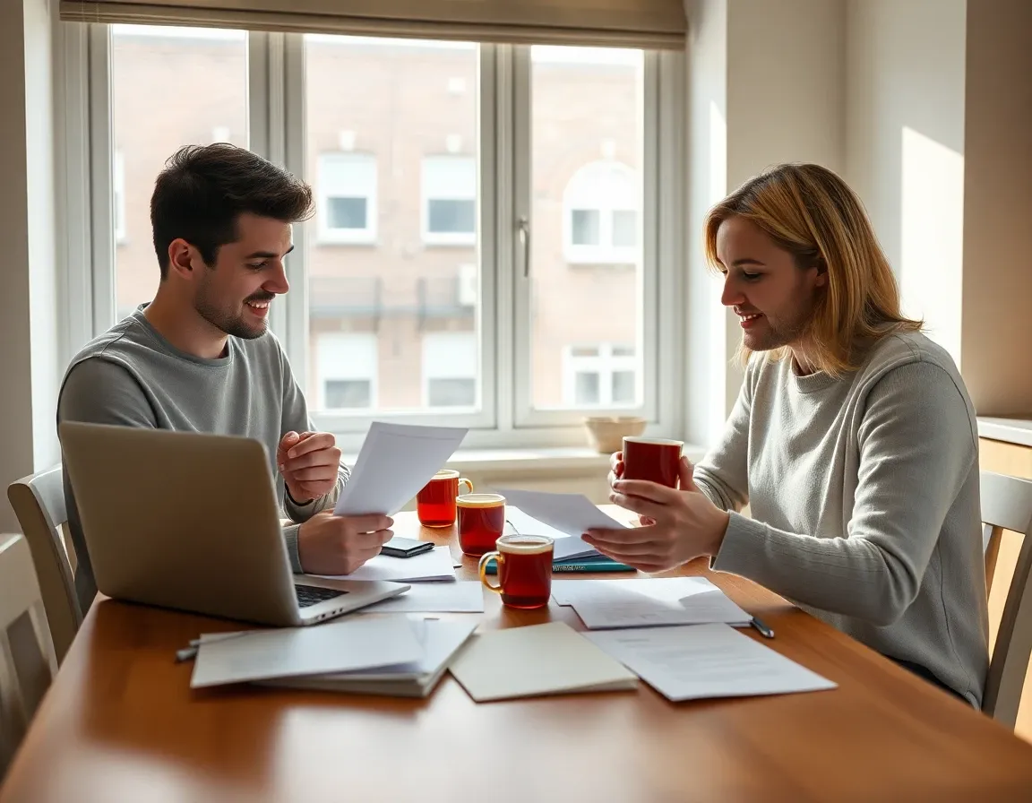 Couple at a kitchen table in a London flat sorting household tax documents for US and UK returns with a laptop