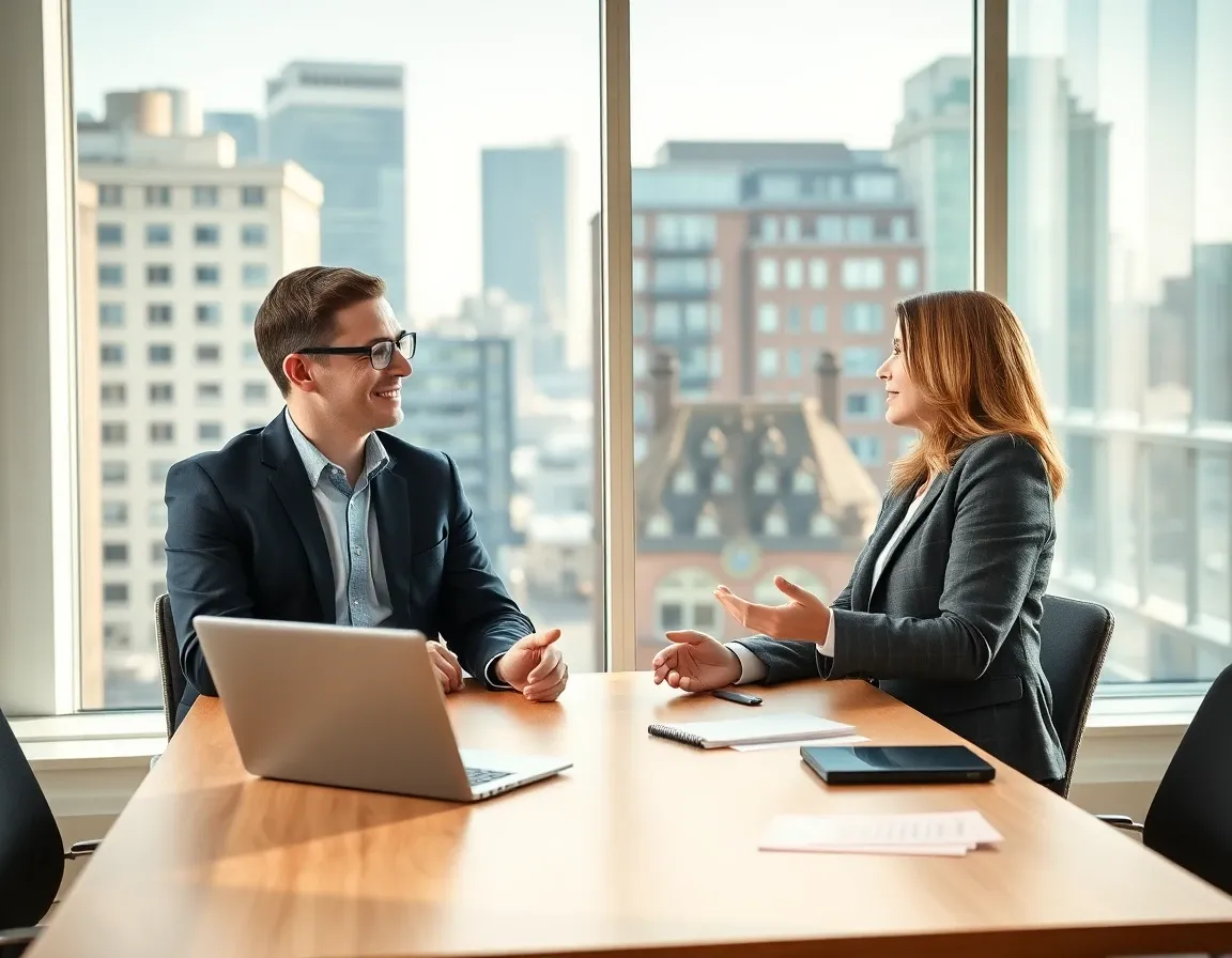 Tax adviser and client talking across a table in a bright London office about US and UK tax returns