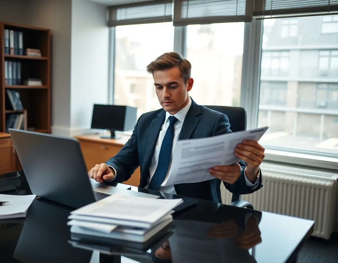 Accountant at a desk reviewing US and UK tax return paperwork side by side next to a laptop