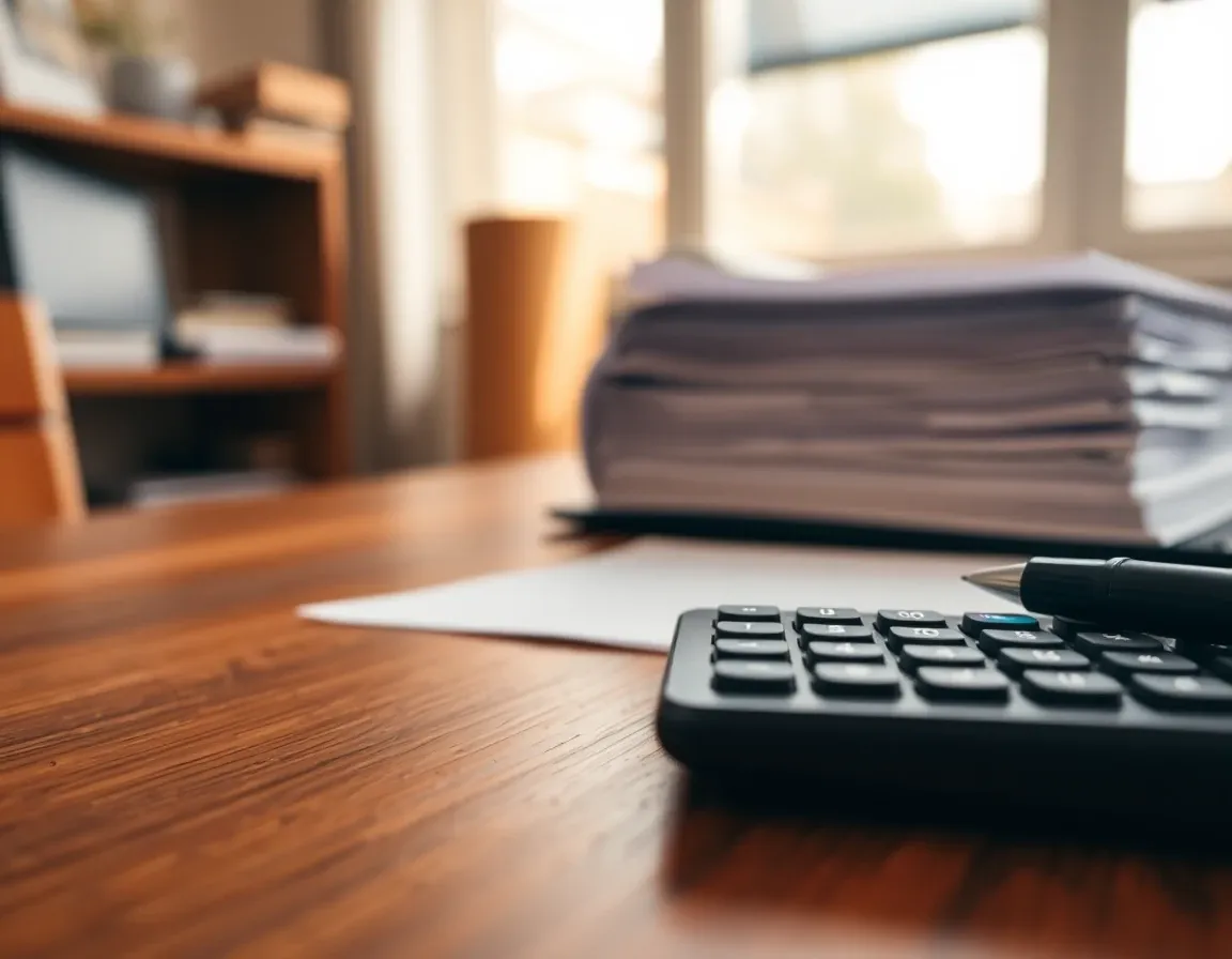 Close-up of US and UK tax forms, a calculator and a pen laid out on a wooden desk