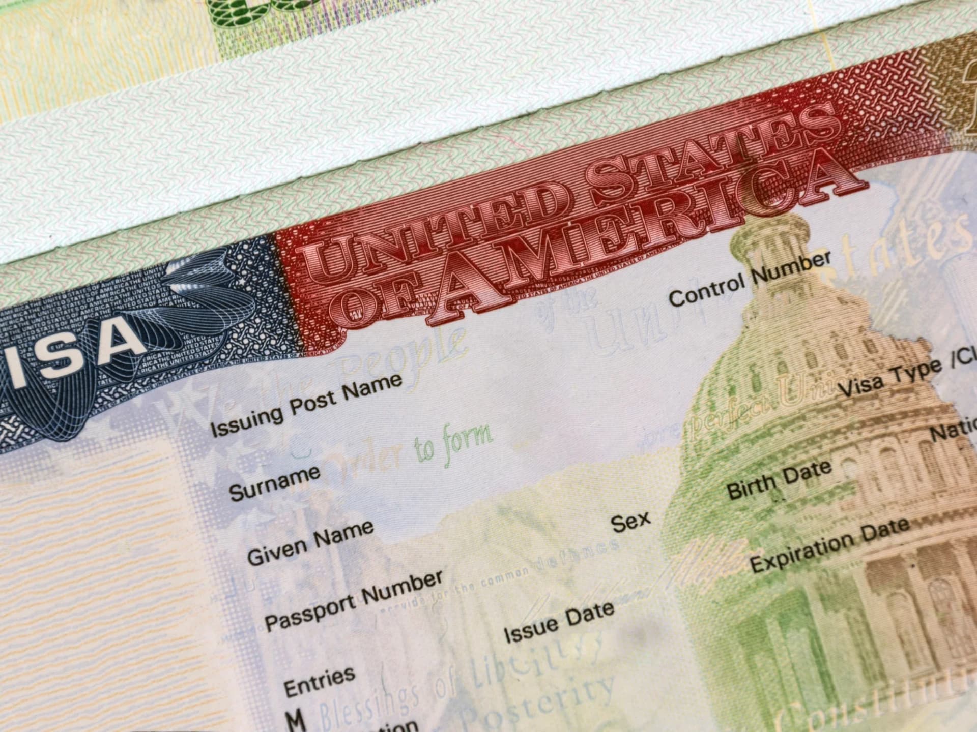 Close-up of a US visa document