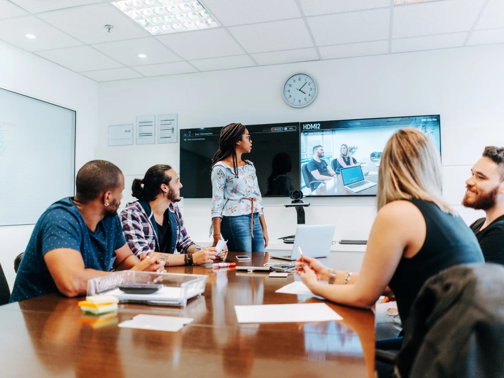 Team coordinating a treaty position over a video call