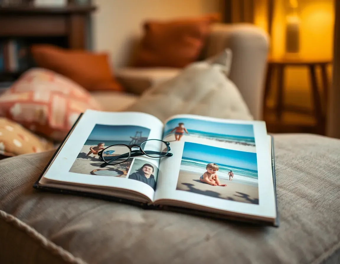Open family photo album on a sofa cushion showing beach snapshots of a toddler, with reading glasses resting on the page, recalling the childhood that made an accidental American UK resident