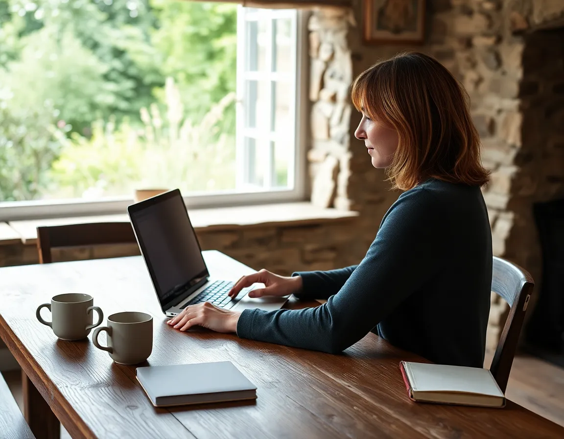 Woman working at a laptop at a farmhouse table in an English cottage, showing how an American tax accountant UK clients use can work with people far from London