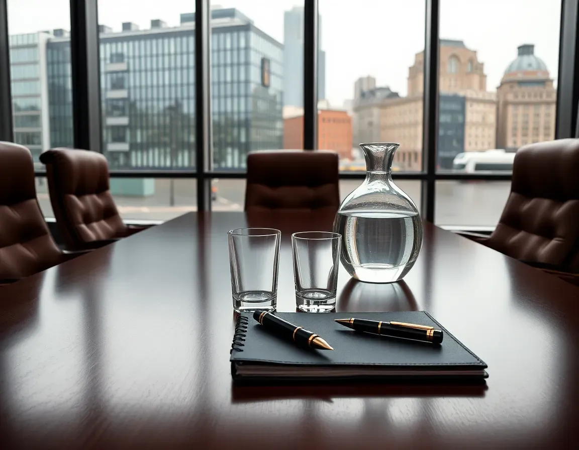 Empty boardroom table with leather chairs, a water carafe, glasses and fountain pens on a black notebook before windows over a city, where the carried interest tax UK US person rules shape fund reward