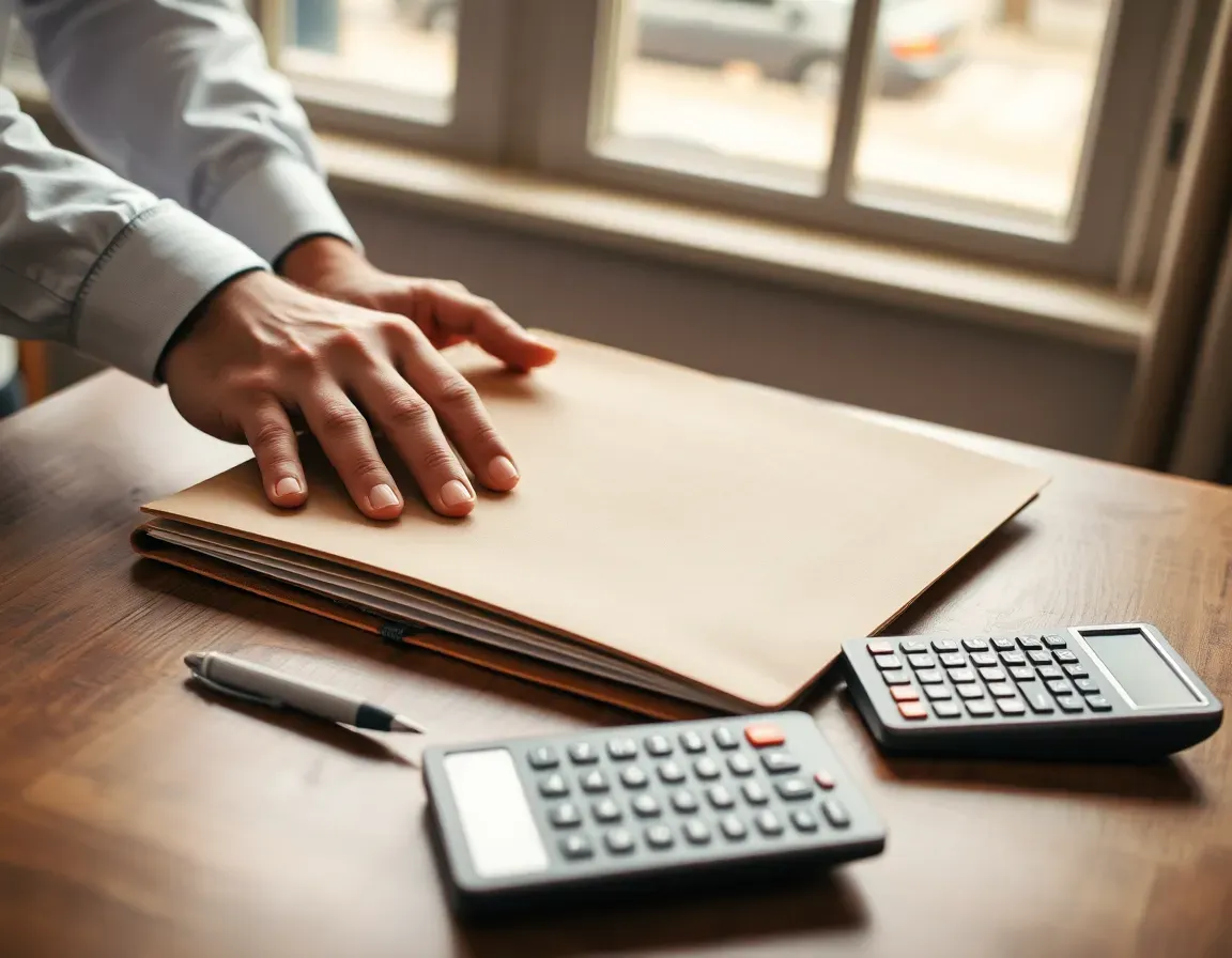 A man's hands resting on a plain brown document wallet beside two calculators and a pen on a wooden desk, adding up the cost to renounce US citizenship from the UK
