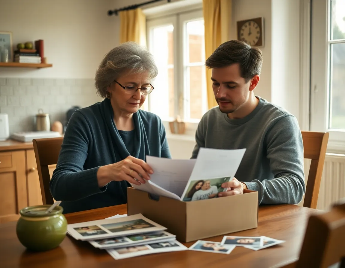 Mother and adult son sorting old family papers and photographs at a kitchen table, gathering the birth records needed when a dual citizen renounce US citizenship case is prepared