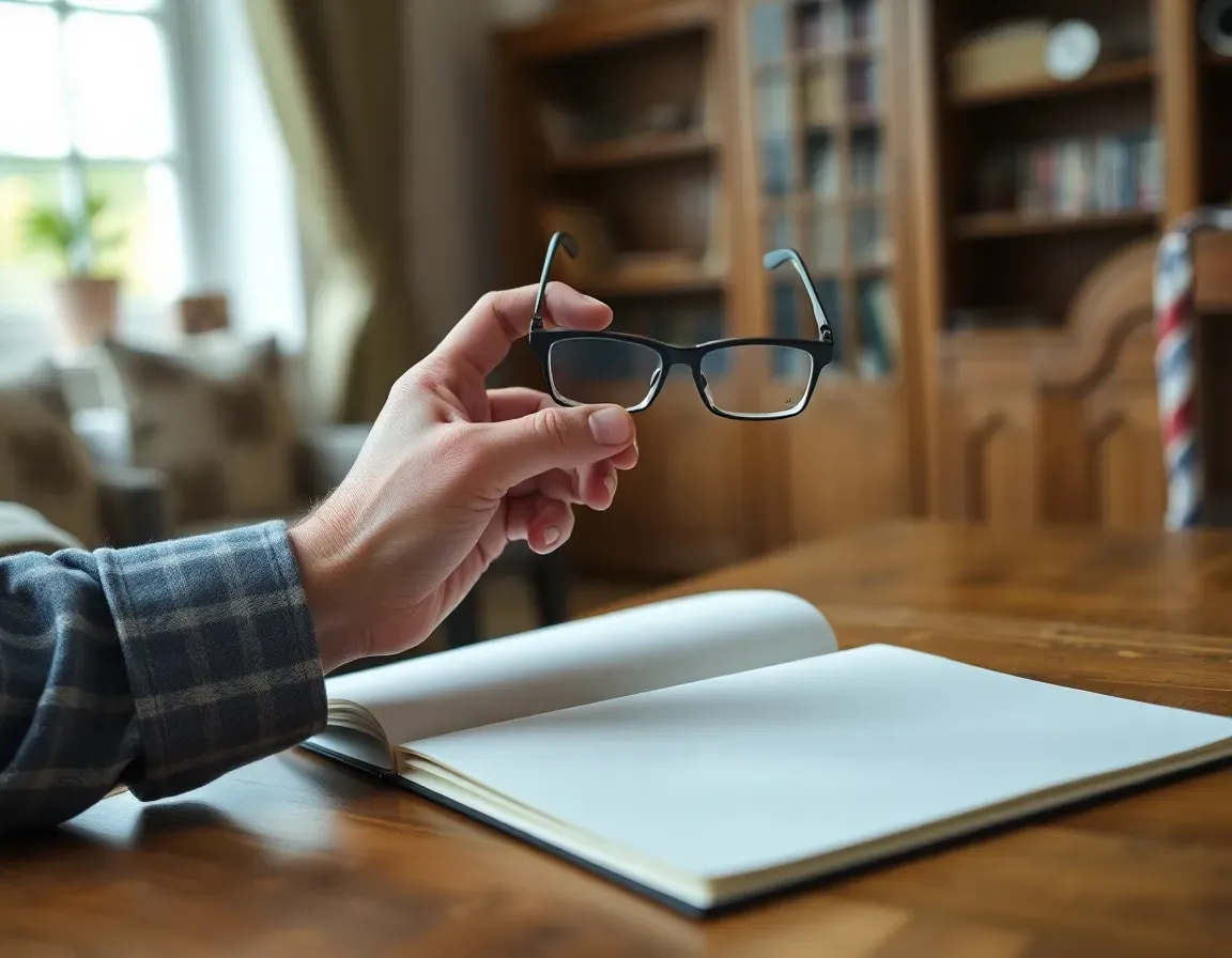 A retired person's hand holds reading glasses over an open notebook in a British sitting room, reviewing exit tax UK pension figures