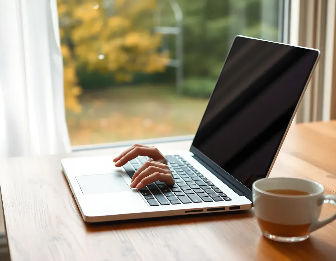 Hands typing on a silver laptop at a wooden table by a window with yellow autumn trees outside and a cup of tea beside it, filing a report online before the FBAR deadline