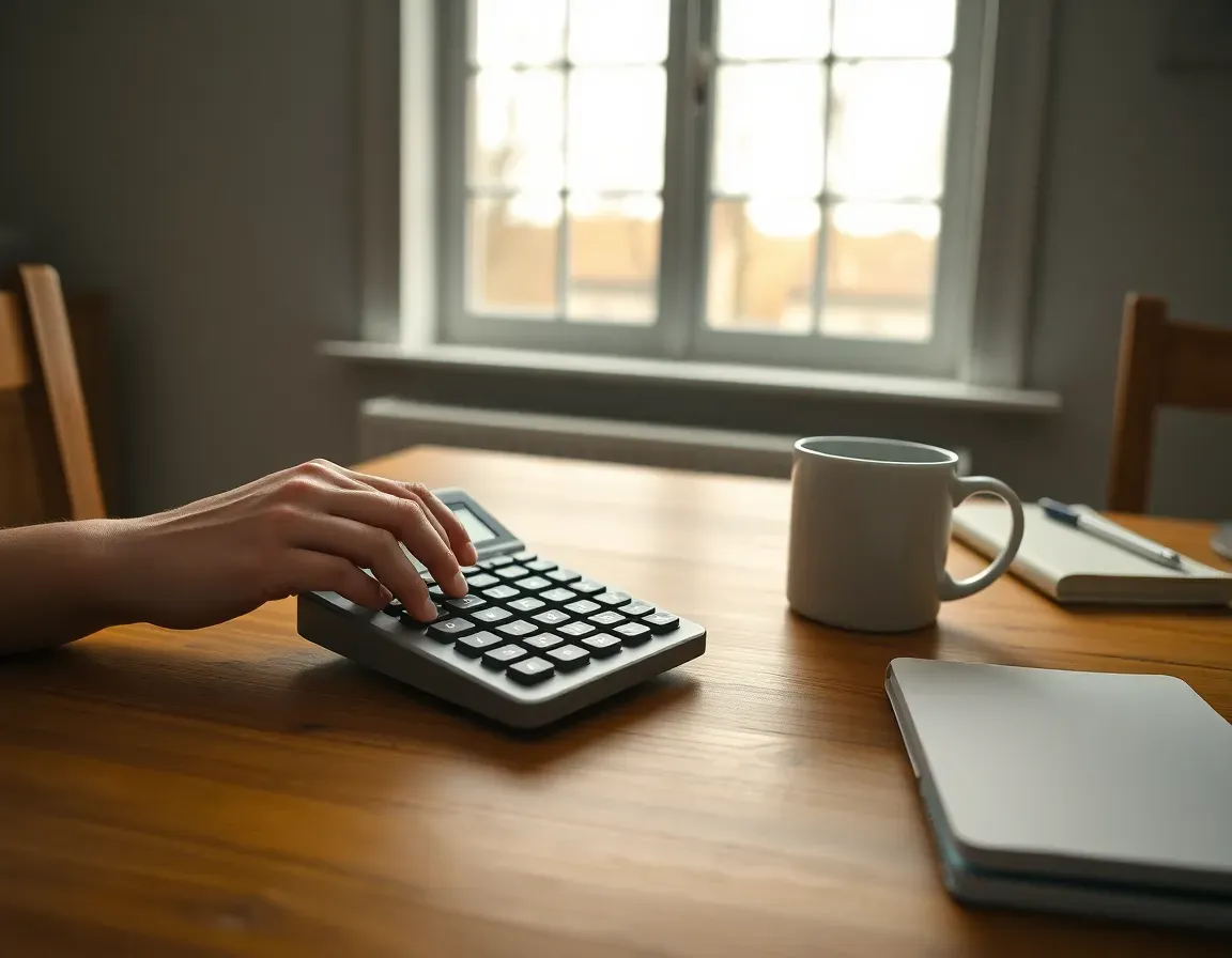 Hands working a plain grey calculator at a pine kitchen table beside a white mug and closed notebook in winter light, converting sterling balances at the FBAR exchange rate
