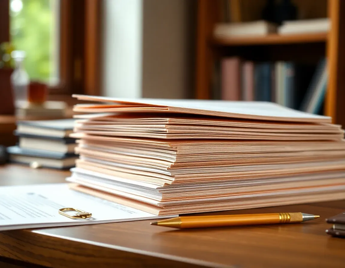 A stack of card folders and paper statements on an oak desk with a pencil and a brass paperclip, the bank records an FBAR filing service UK clients use works from