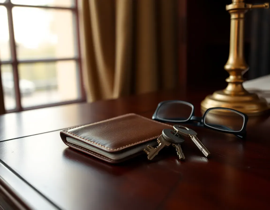 Brown leather wallet, house keys and reading glasses on a polished dark wooden bureau beside a brass lamp, everyday finances that FBAR penalties can reach when accounts go unreported