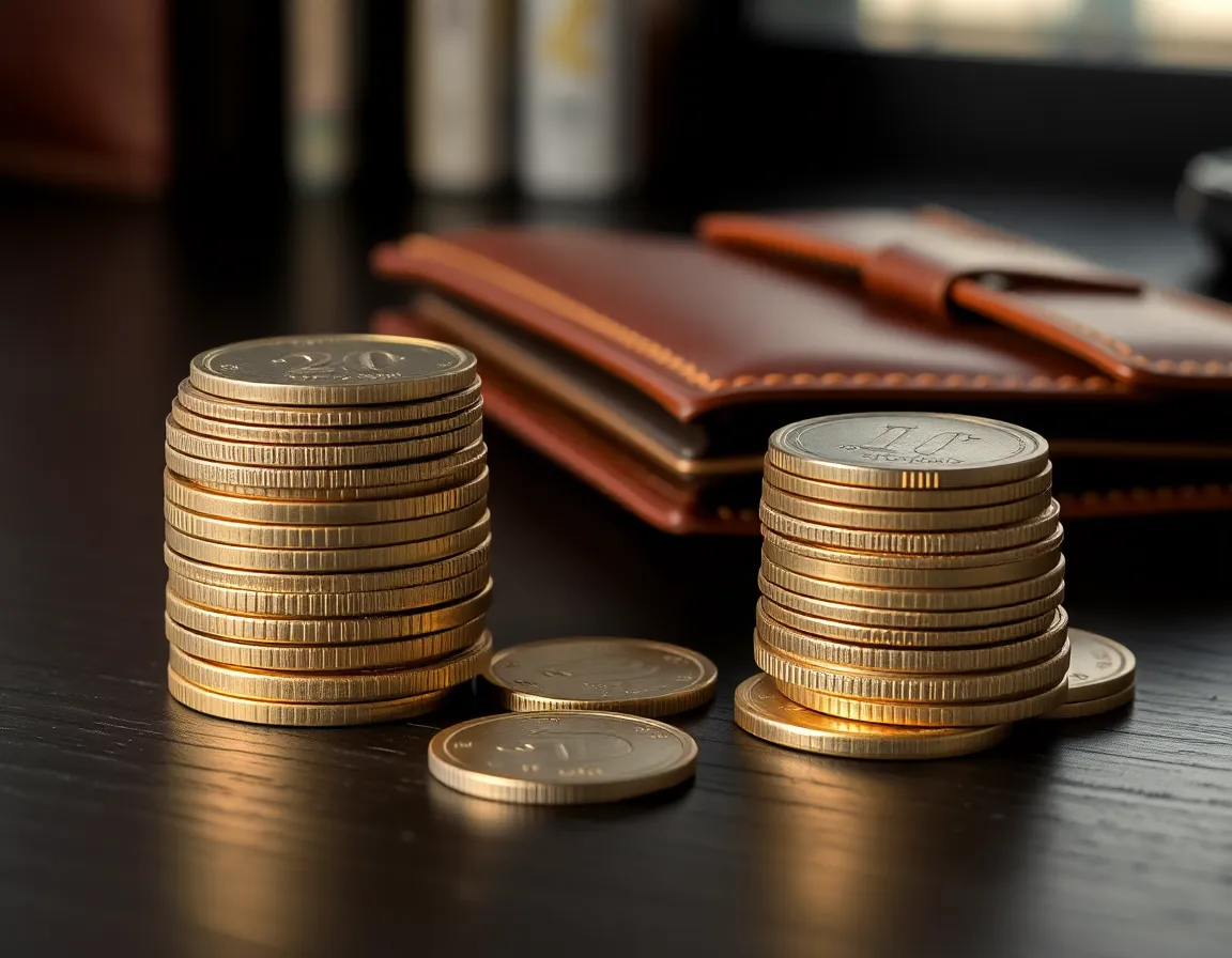 Two neat stacks of coins beside a closed leather wallet on a dark wooden desk, a reminder that FBAR vs Form 8938 thresholds turn on account balances