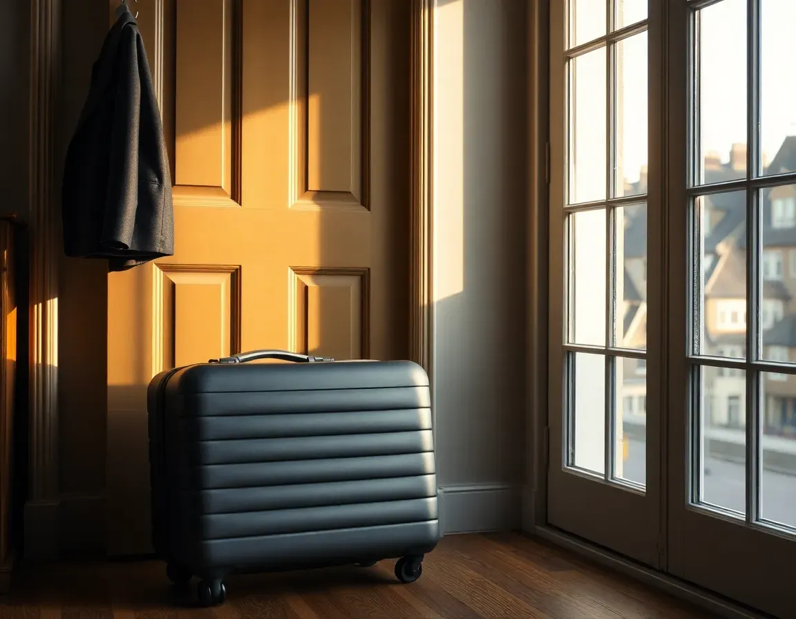 A packed suitcase and coat by the front door of a London flat, a reminder that trips home cut the day count for FEIE for Americans in the UK