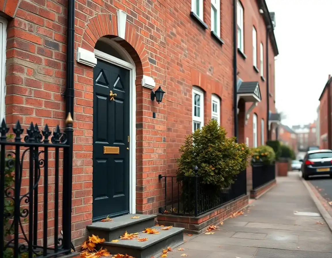 A black front door with a brass letterbox on a brick terrace in autumn, where HMRC post arrives for anyone claiming Form 1116 for UK tax