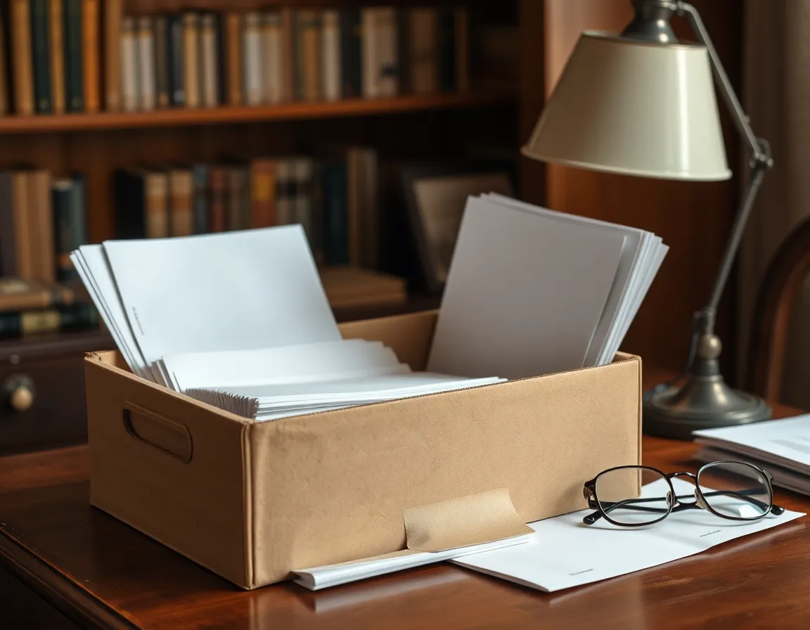 Cardboard archive box of plain statements and papers on a study desk beside reading glasses and a lamp, the records behind a Form 14653 non-wilful certification