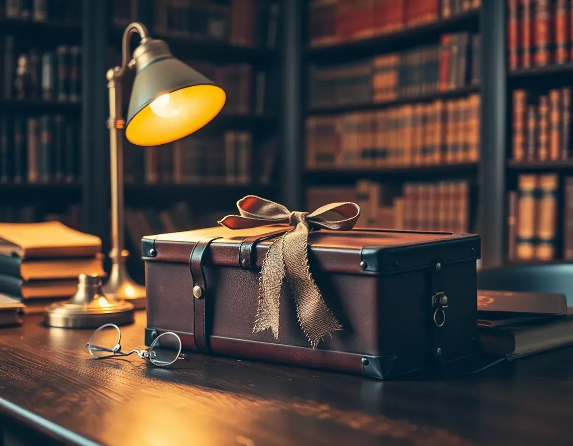 A closed antique leather document box tied with a faded ribbon on a lamplit library table, like the family papers behind Form 3520 UK trust reporting