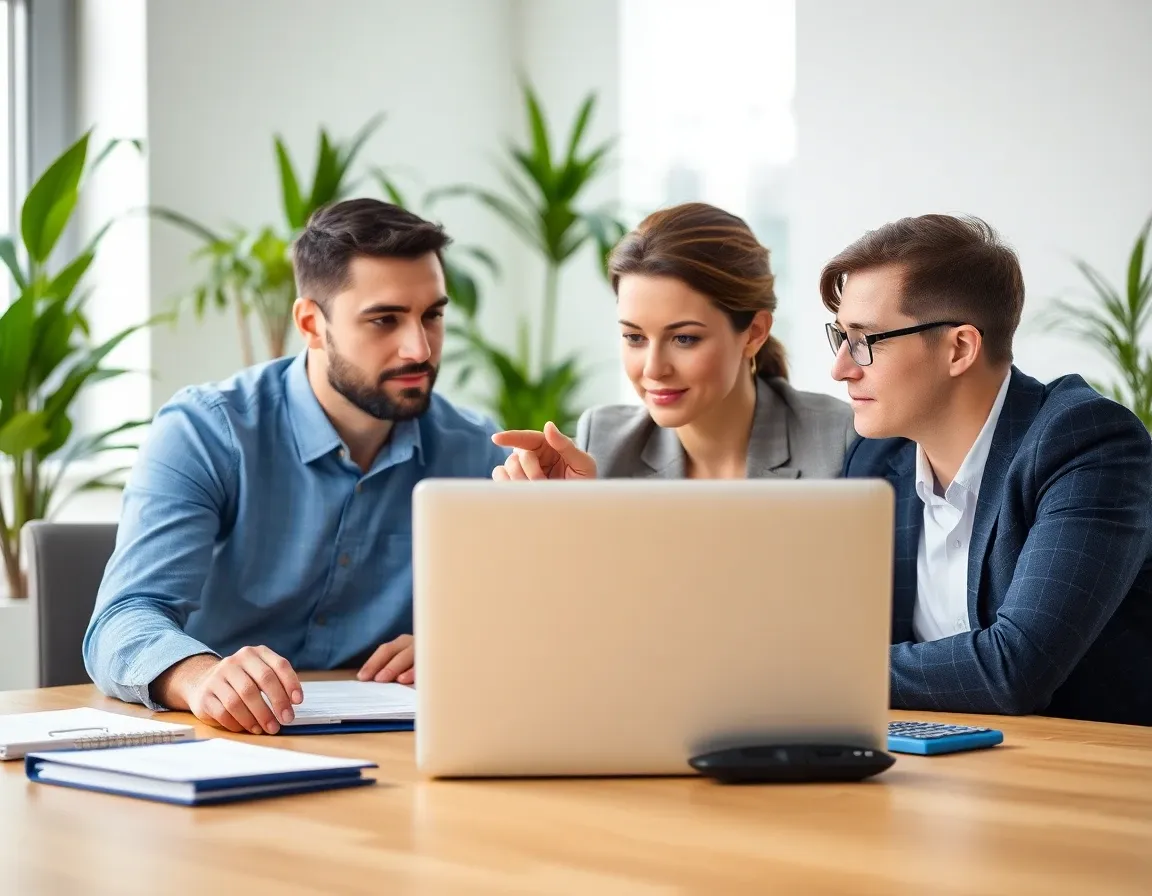 Business partners reviewing company accounts on a laptop to prepare Form 5471 for a UK company
