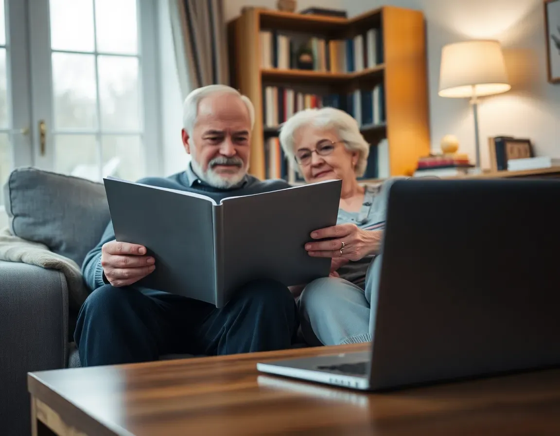 An older couple on a grey sofa reading through a grey folder together, a laptop on the coffee table and bookshelves and a lamp behind them, checking five years of tax papers before filing a Form 8854 expatriation statement