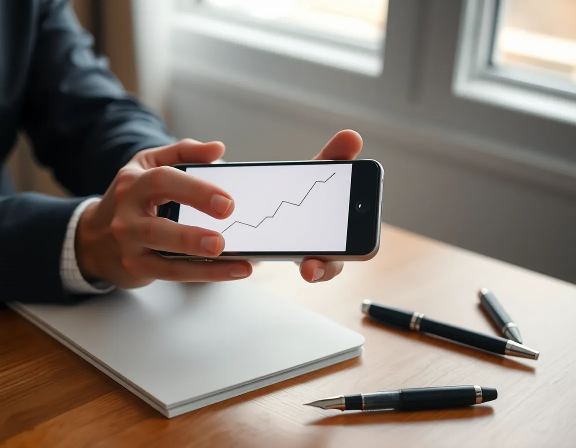 Hands holding a smartphone showing a blurred rising line chart above a desk with a plain folder and fountain pen, reviewing account values for Form 8938 for Americans abroad
