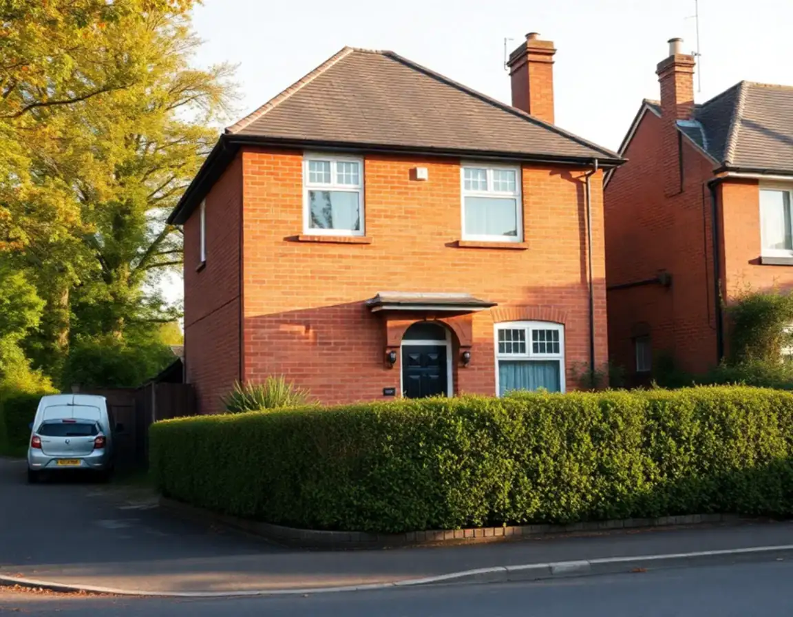 A red-brick semi-detached house behind a clipped hedge on a leafy English street in autumn sun, the kind of jointly owned home that can turn into a gift to a non-US spouse