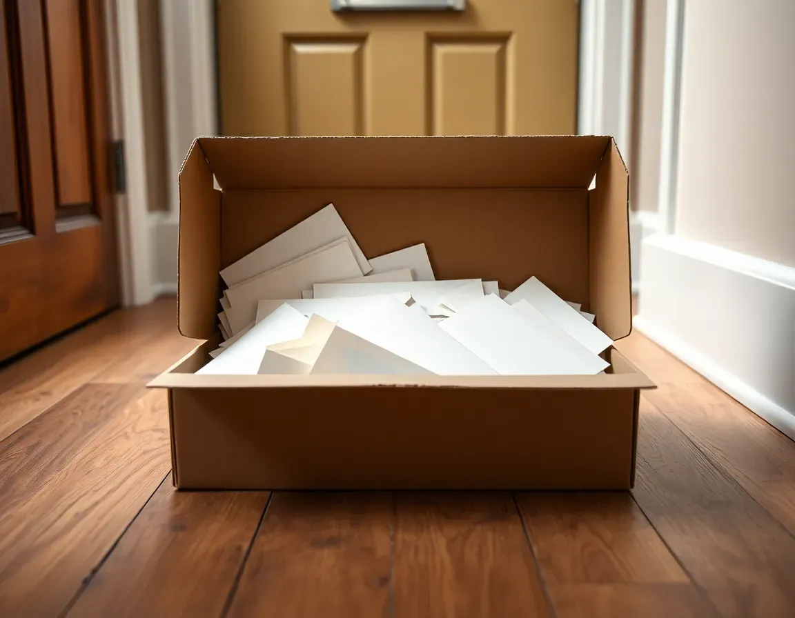An open cardboard box of unopened envelopes on a wooden hallway floor beneath a front door letterbox, like the years of missed US returns many Americans in Britain put off