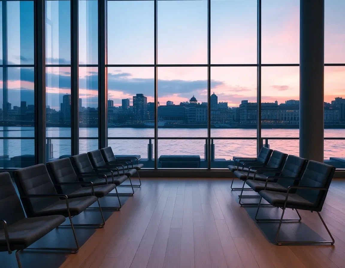 Rows of empty grey chairs in a quiet glass-walled waiting room overlooking a river city at dusk, the kind of consular setting people reach when learning how to renounce US citizenship