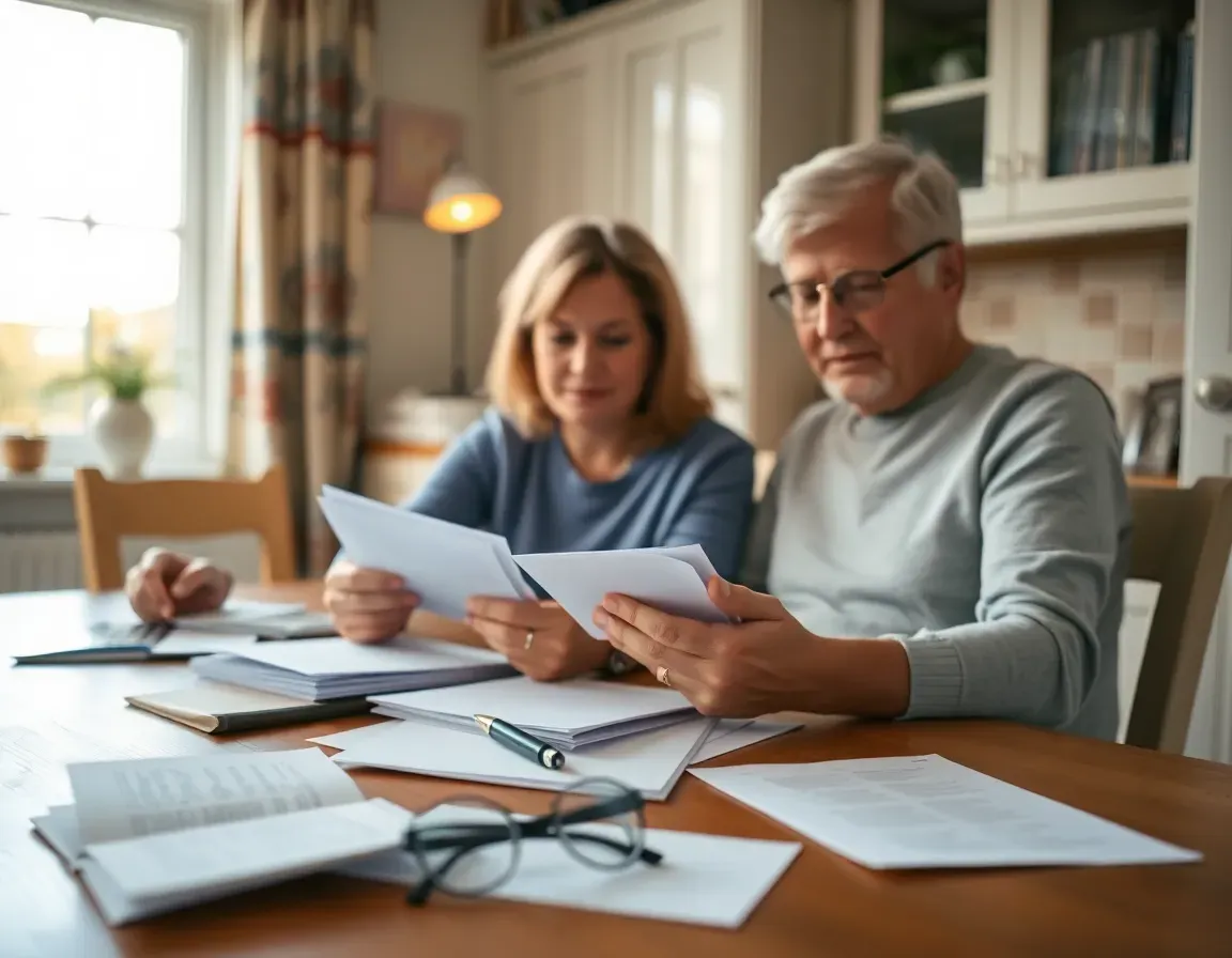 Older couple at a kitchen table in an English home sorting letters and papers with a pen and glasses, working out how to answer an IRS letter living in the UK